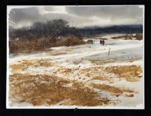Lot 161, Auction 4/12/2026: Don Stone Watercolor Painting, 2 Figures in Snowy Field