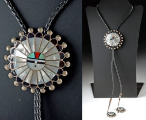 Lot 34, Auction 4/20/2026: Zuni Nacre Inlaid & Silver Sunface Bolo by Abel Soseeah