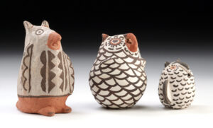 Lot 36, Auction 4/20/2026: 3 Santa Ana, Zuni, & Acoma Pottery Owl Figurines