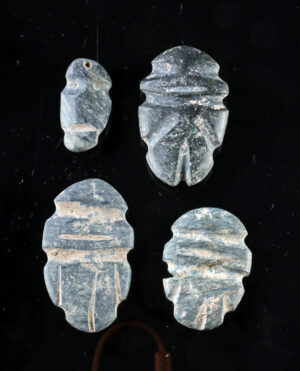 Lot 43, Auction 4/20/2026: Three Mezcala Stone Figures & One Head Pendant