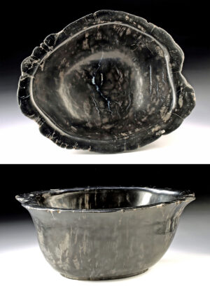 Lot 137, Auction 4/20/2026: Carved Petrified Wood Bowl, Black & Gray Striations