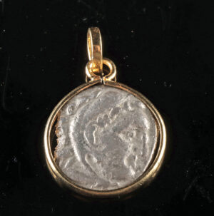 Lot 136, Auction 4/3/2026: Greek Alexander the Great Silver Drachm in Gilt Pendant