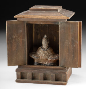 Lot 185, Auction 4/3/2026: Japanese Wood Zushi Shrine w/ Pottery Shogun Figure