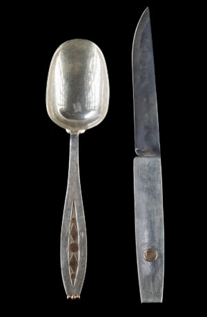 Lot 130, Auction 4/12/2026: Spratling Gilt Silver Flatware Knife & Serving Spoon