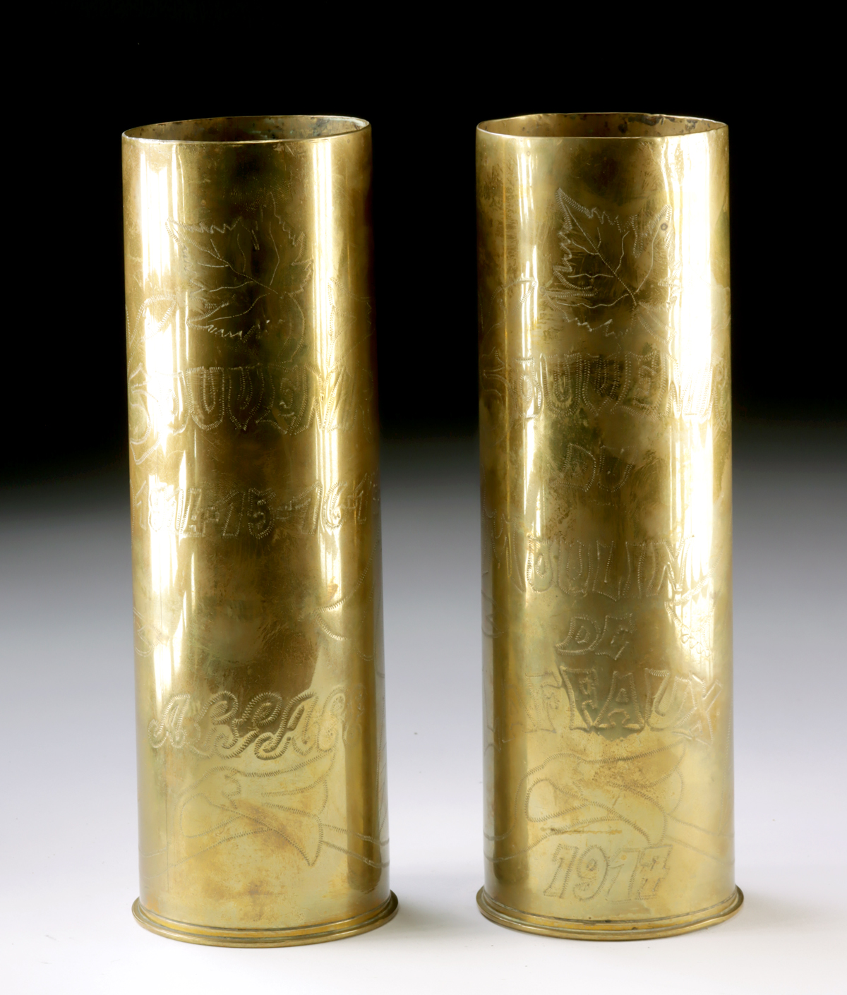 Lot 148, Auction 4/12/2026: Pair of WWI Brass Trench Art Vases - Alsace and Laffaux