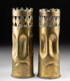 Lot 245, Auction 4/20/2026: Pair of WWI Trench Art Shell Vases w/ Openwork (1918)