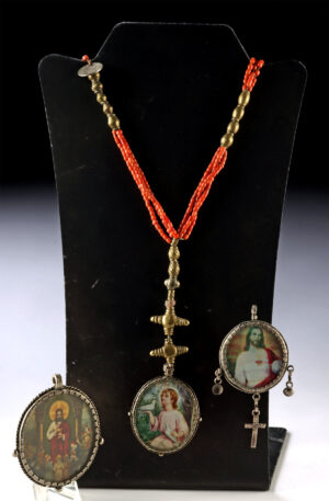 Lot 65f, Auction 4/12/2026: Ecuador Coral Bead Necklace & Silver Religious Pendants
