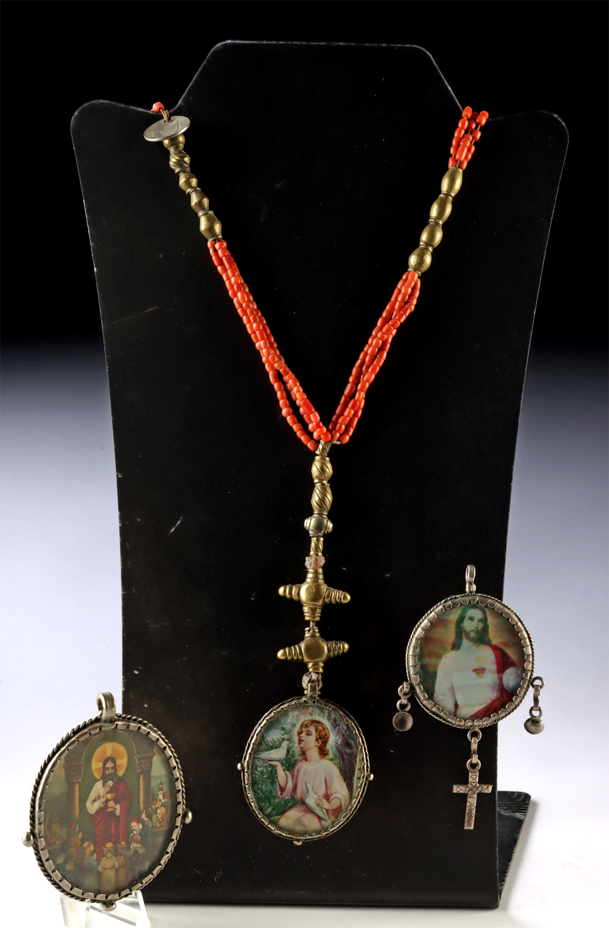 Lot 65f, Auction 4/12/2026: Ecuador Coral Bead Necklace & Silver Religious Pendants