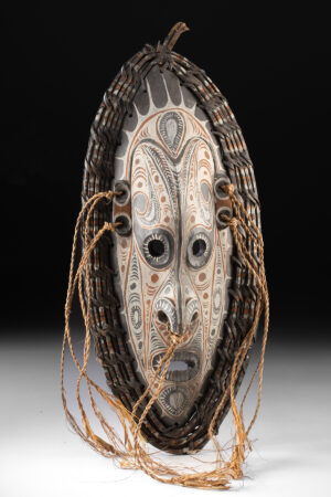 Lot 123, Auction 4/3/2026: Sepik River Tambanum Wood Spirit Mask w/ Cane Rim
