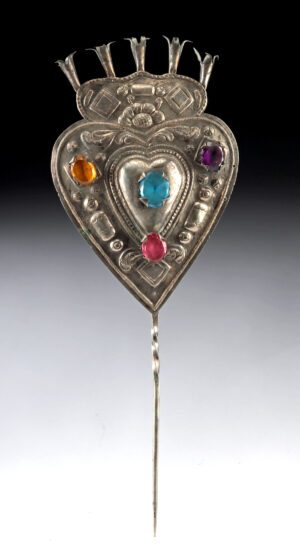 Lot 120, Auction 4/12/2026: Large Bolivian Heart Shaped Silver Tupu w/ Glass Inlays