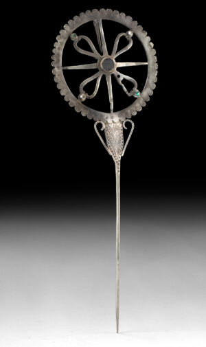 Lot 220a, Auction 4/20/2026: Large Bolivian Silver Tupu Pin with Glass Inlays