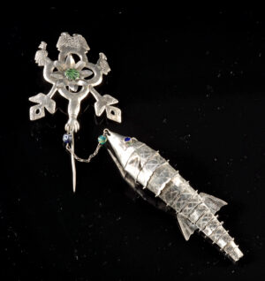 Lot 125, Auction 4/12/2026: Andean Silver Tupu Pin - Fish & Peacock Pendant