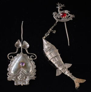 Lot 196d, Auction 4/3/2026: Two Andean Silver Tupu Pins, Heart Shaped & Fish Charm