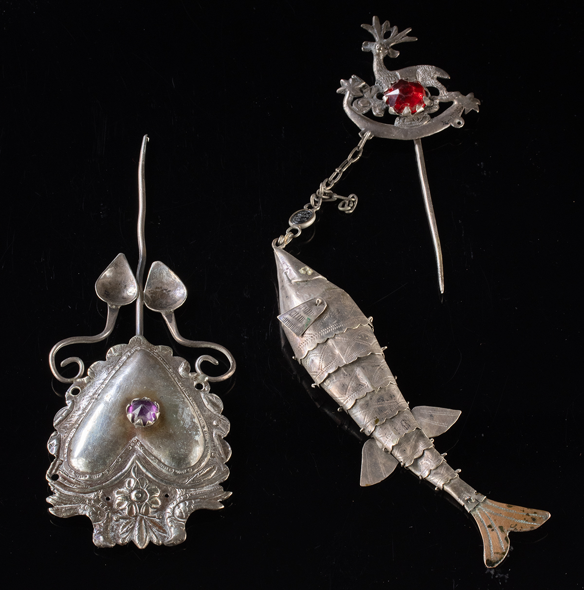 Lot 196d, Auction 4/3/2026: Two Andean Silver Tupu Pins, Heart Shaped & Fish Charm