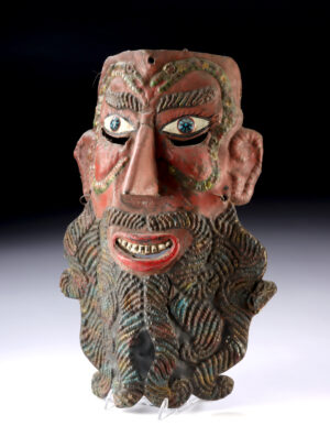 Lot 58, Auction 4/12/2026: Guerrero Brass Bearded Mask w/ Snakes & Blue Eyes
