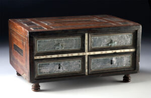 Lot 202a, Auction 4/3/2026: Spanish Colonial Marquetry Box, Silver + Ivory Inlays