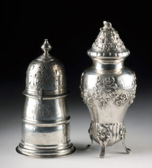 Lot 135, Auction 4/12/2026: Two Antique Silver Muffineers - 452 Grams