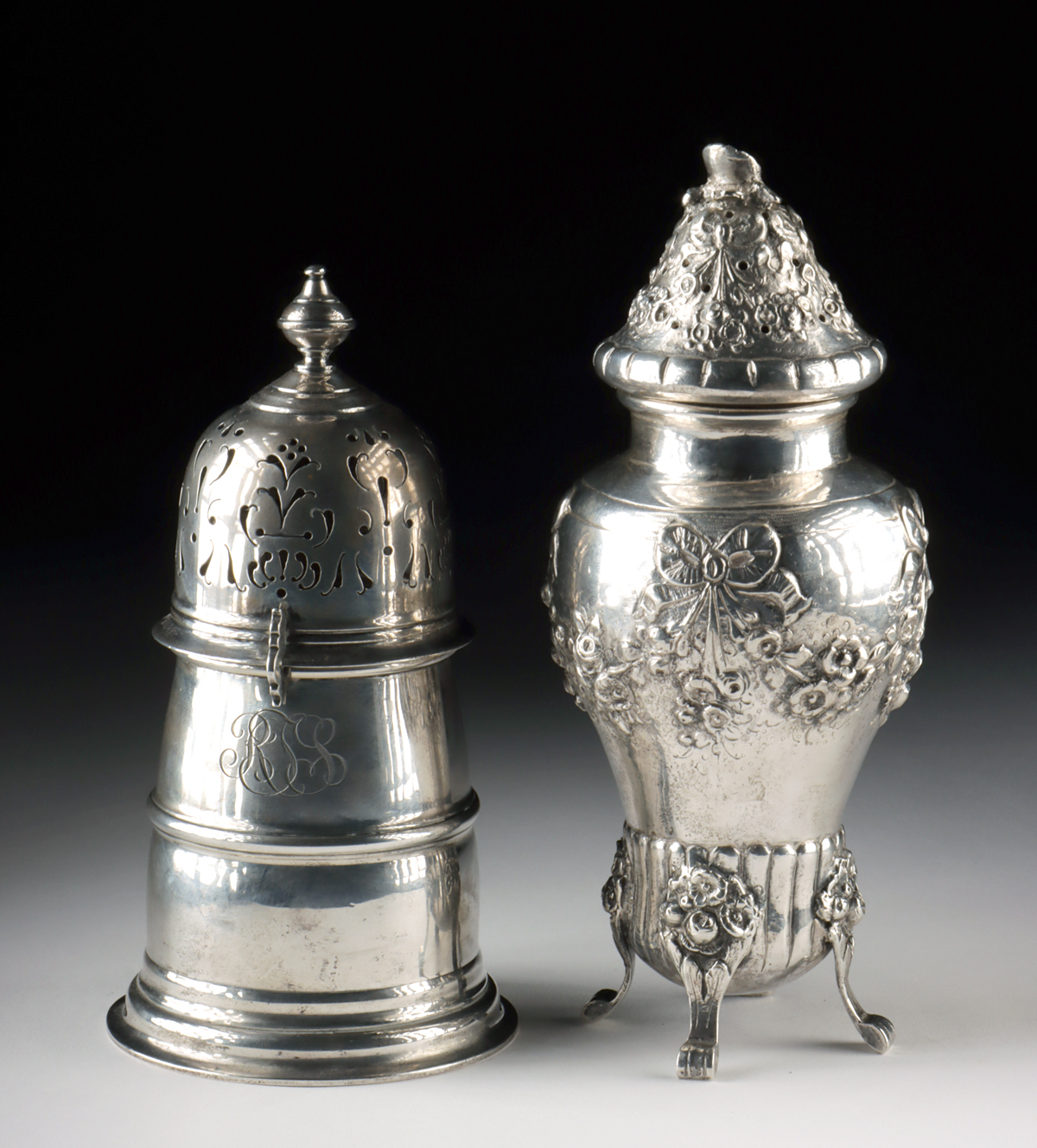 Lot 135, Auction 4/12/2026: Two Antique Silver Muffineers - 452 Grams