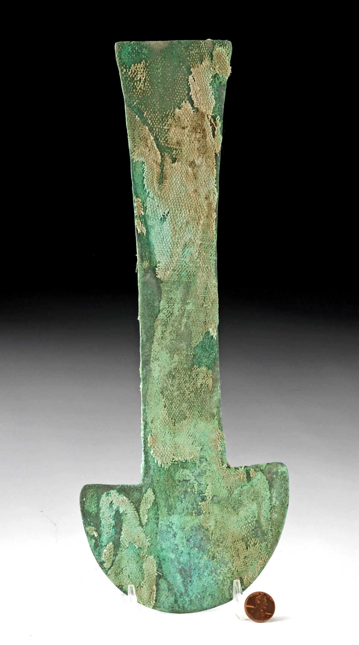 Lot 71a, Auction 4/12/2026: Chimu Copper Tumi w/ Textile Remains from Burial