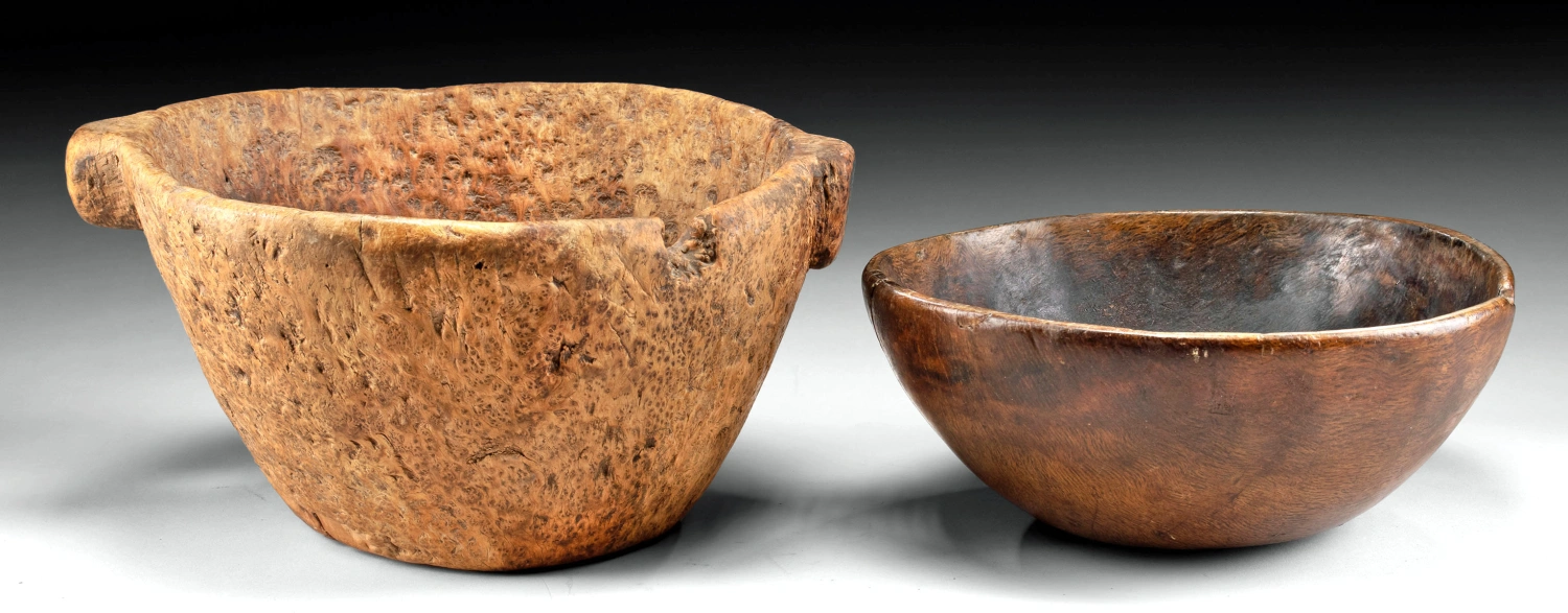 19th C. Native American Wood Mortar + Gambling Bowl (Auction 2026-06-05, Lot 113)