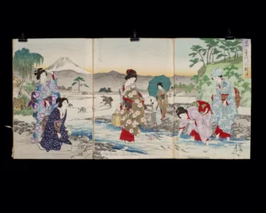 Yoshu Chikanobu Okiyo-e Triptych "Catching Sweetfish on Tama River" (1895) (Auction 2026-06-05, Lot 232A)