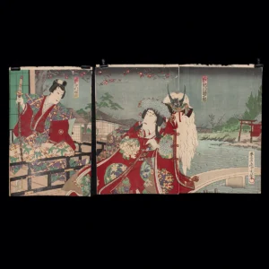 19th C. Toyohara Kunichika Woodblock Triptych - Yaegaki & Katsuyori Kabuki Scene (Auction 2026-06-05, Lot 232G)