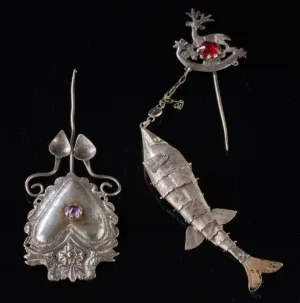 Two Andean Silver Tupu Pins, Heart Shaped & Fish Charm (Auction 2026-06-05, Lot 248)