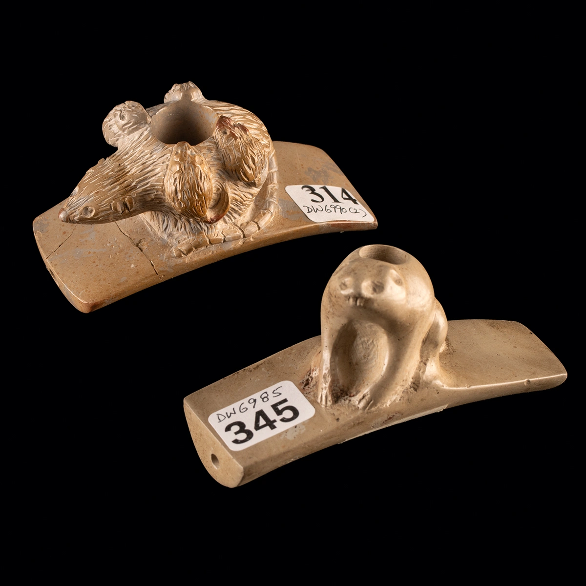Native American Stone Effigy Platform Pipes, Beaver & Opossum (Auction 2026-06-05, Lot 102B)